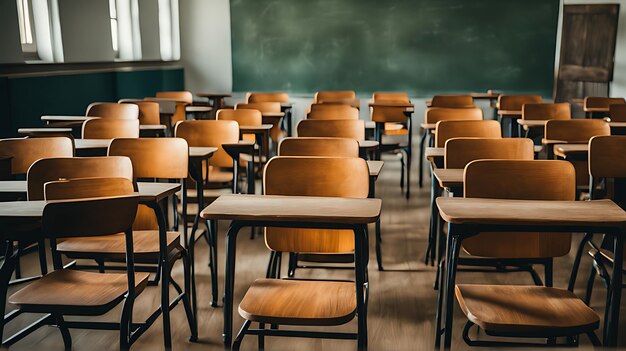 Empty Classroom Back to school concept in high school Classroom Interior Vintage Wooden Lecture