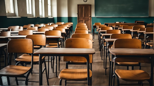 Empty Classroom Back to school concept in high school Classroom Interior Vintage Wooden Lecture