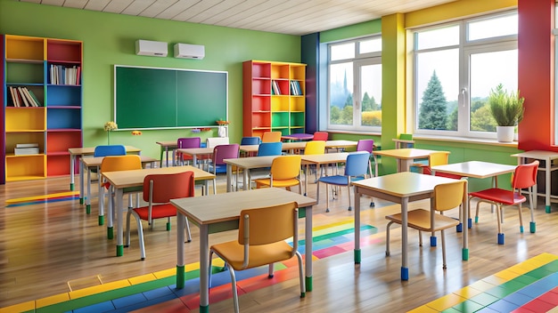 Empty Classroom Back to school interior with Chairs and Desks Studying lessons in education