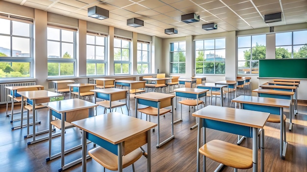 Empty Classroom Back to school interior with Chairs and Desks Studying lessons in education