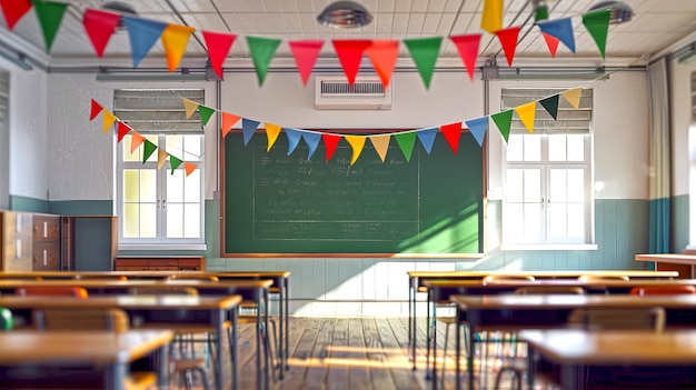 Empty classroom decorated with colorful bunting flags Bright and cheerful learning atmosphere Educational setting with desks chairs and chalkboard Ideal for schoolrelated designs AI