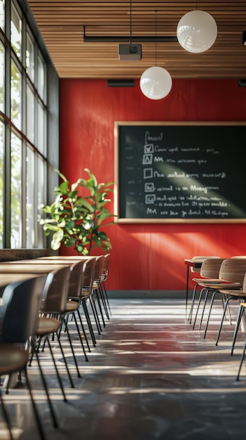 Empty classroom interior design with blackboard and chairs