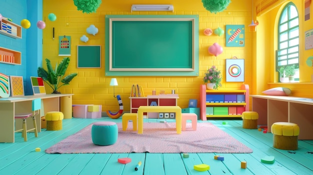 Empty classroom is now filled with bright colorful blocks creating a chaotic yet joyful scene