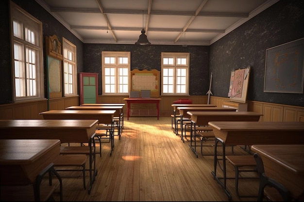 Empty classroom with big windows many chairs and desk and blackboard