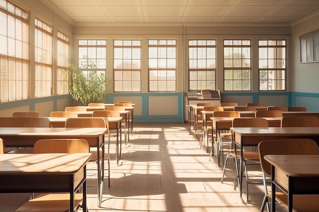 Empty classroom with chairs desks and big windows at school Education or Back to school concept