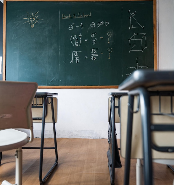 Empty classroom with chairs elementary school desks and chalkboard