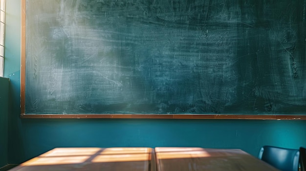 Empty classroom with chalkboard and sunlight