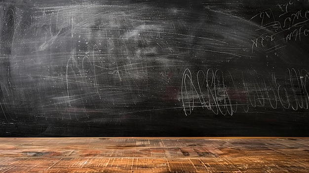 Empty classroom with chalkboard and wooden desks