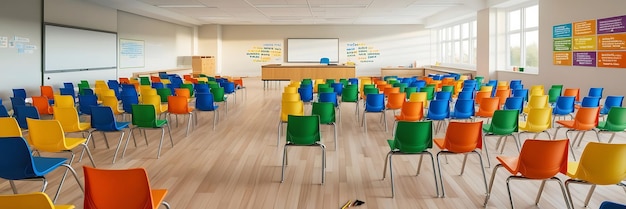 Photo empty classroom with colorful chairs and large windows back to school concept