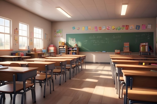 Empty classroom with desks and chairs sunlight streaming in through windows