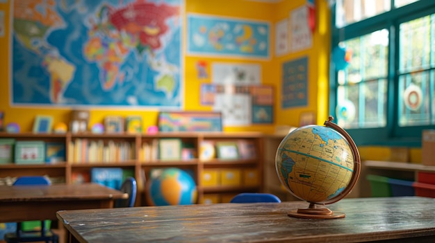 Photo empty classroom with globe and colorful maps on the wall