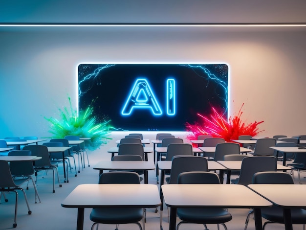 Empty Classroom With Neon AI Sign and Explosions