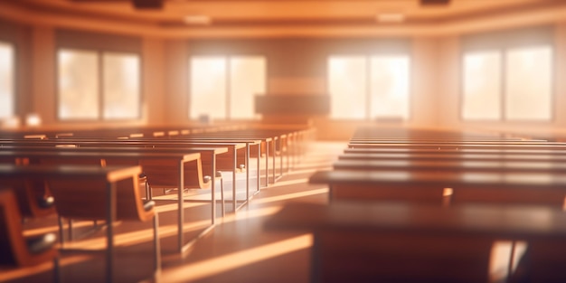 Empty classroom with rows of chairs and blank whiteboard on the wall with AI generated