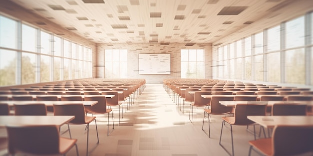 Empty classroom with rows of chairs and blank whiteboard on the wall with AI generated