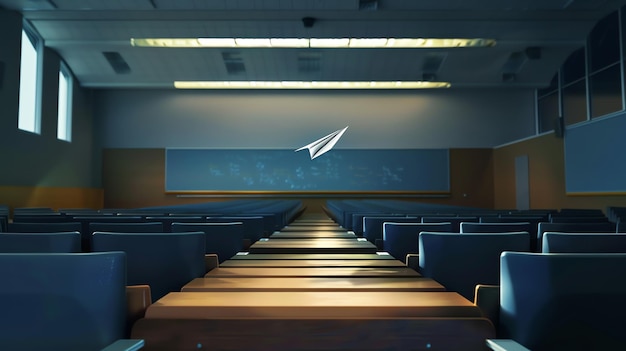 An empty classroom with a single paper plane flying through the air The desks are arranged in neat rows and the chalkboard is empty