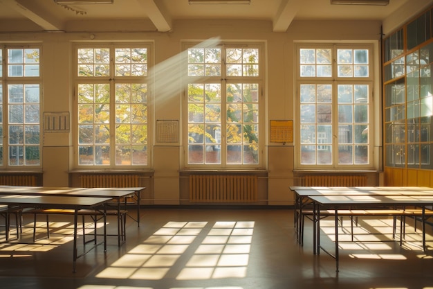 An empty classroom with sunlight streaming in through large windows An empty classroom with sunlight streaming in through the windows