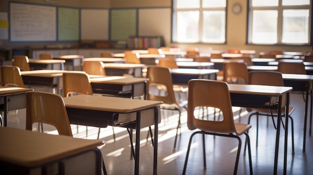 Empty Classroom with Sunlight Streaming in Through the Windows