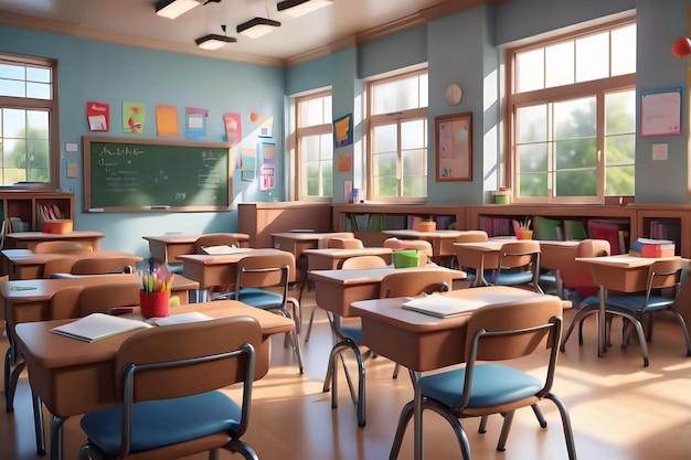 Empty Classroom with Sunlight Streaming Through Windows