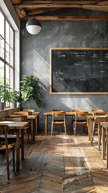 Empty classroom with wooden desks and blackboard is waiting for students