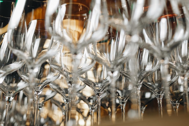 Empty clean champagne glasses on counter in bar