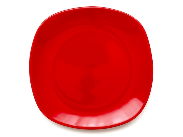 Empty clean red plate isolated on white background