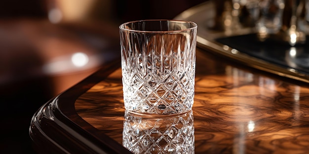 Empty clear crystal glass sits on a wooden table