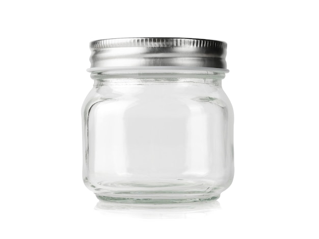 Empty clear glass jar with screw silver cap isolated on white background clipping path