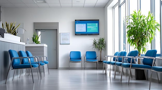 Photo empty clinic waiting area with blue chairs and minimalistic reception desk