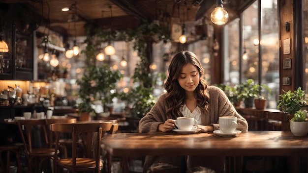 Empty coffee shop interior daytime with wooden design counter red brick wall in background