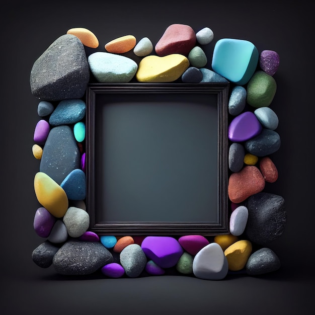 An empty colorful pebbles square frame on solid background