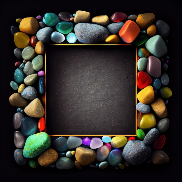 An empty colorful pebbles square frame on solid background