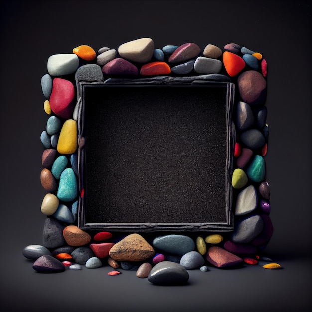 An empty colorful pebbles square frame on solid background