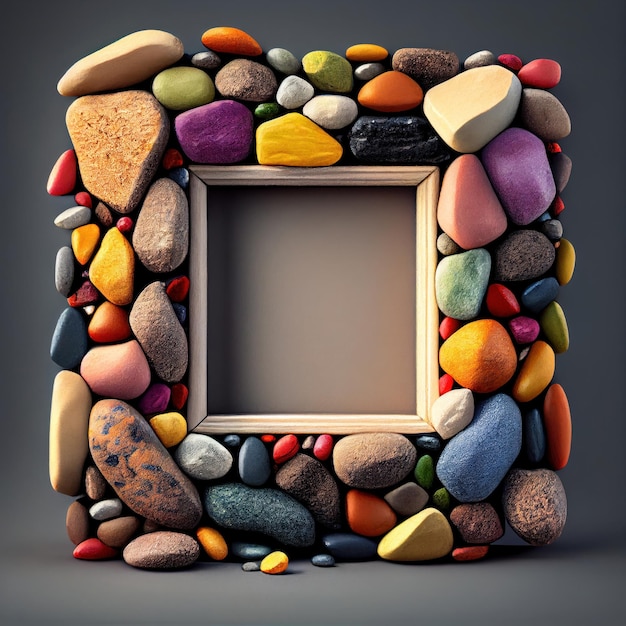 An empty colorful pebbles square frame on solid background