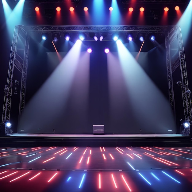 Empty concert stage with illuminated spotlights and smoke background generated by AI