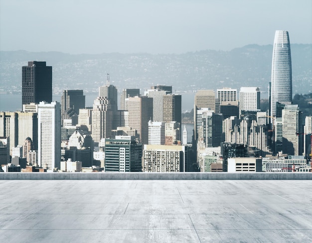 Empty concrete dirty rooftop on the background of a beautiful San Francisco city skyline at morning mock up