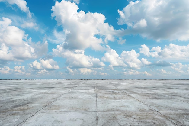 Empty concrete floor under a blue sky with clouds on the horizon