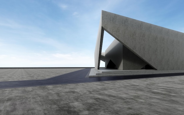 Empty concrete floor for car park 3d rendering of abstract building with blue sky background