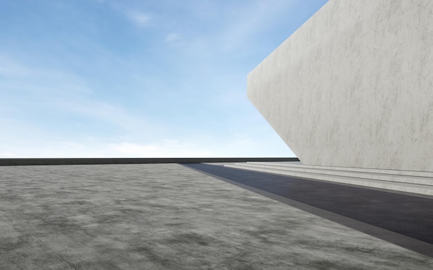 Empty concrete floor for car park 3d rendering of abstract building with blue sky background