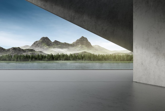 Empty concrete floor for car park 3d rendering of abstract building with mountain and sky background