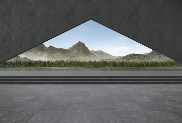 Empty concrete floor for car park 3d rendering of abstract building with mountain and sky background