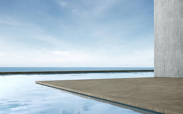 Empty concrete floor for car park 3d rendering of abstract building with sea and sky background