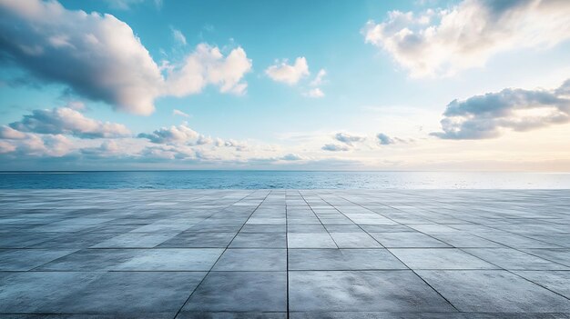 Photo empty concrete floor with tranquil coastline sky for large copy space generative ai