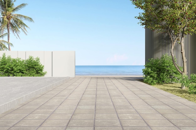 Empty concrete footpath with building wall landscape on sea background 3d rendering