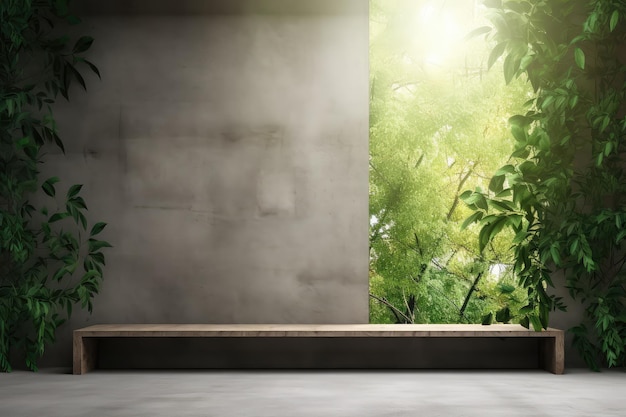 Empty concrete room with green plant on wall and sunlight