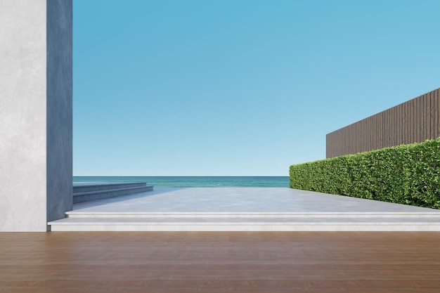 Empty concrete and wooden terrace with building wall on sea background 3d rendering