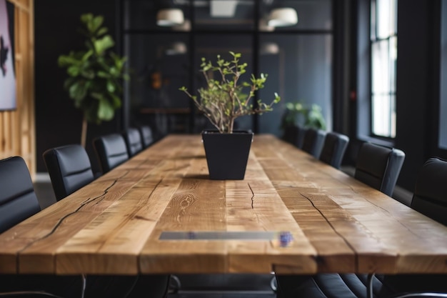 Photo an empty conference room with a large wooden table black chairs and a potted plant in the center a minimalist conference room with a large wooden table and black leather chairs