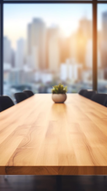 An empty conference room with a wooden table and chairs with a plant on it