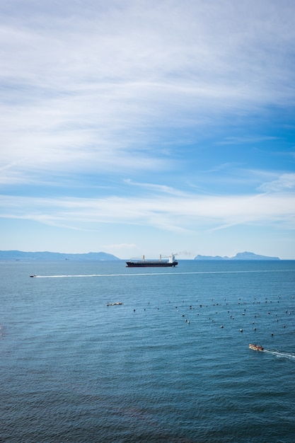 Empty container cargo ship in the blue sea. Aerial view