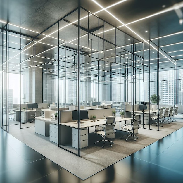 Empty Contemporary Office with Blurred Glass and Modern Workstations