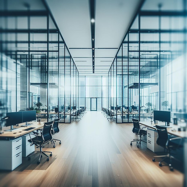 Empty Contemporary Office with Blurred Glass and Modern Workstations